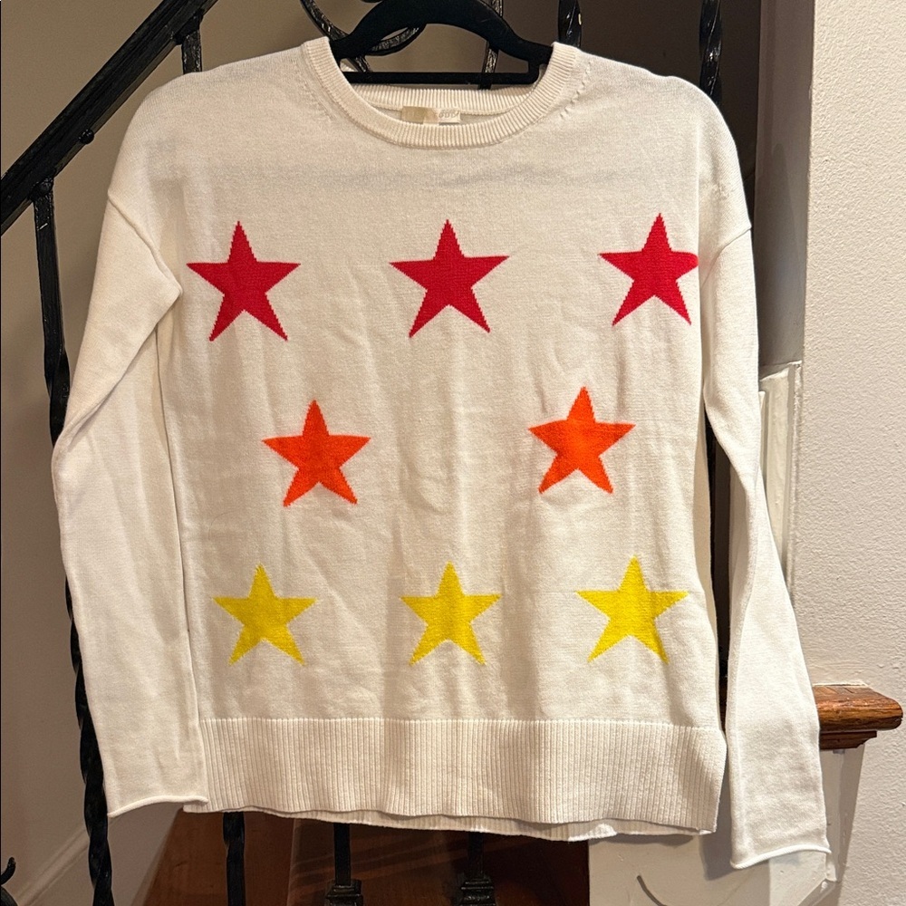 Lisa Todd Star Pattern Sweater in White with Red, Orange, and Yellow Like New